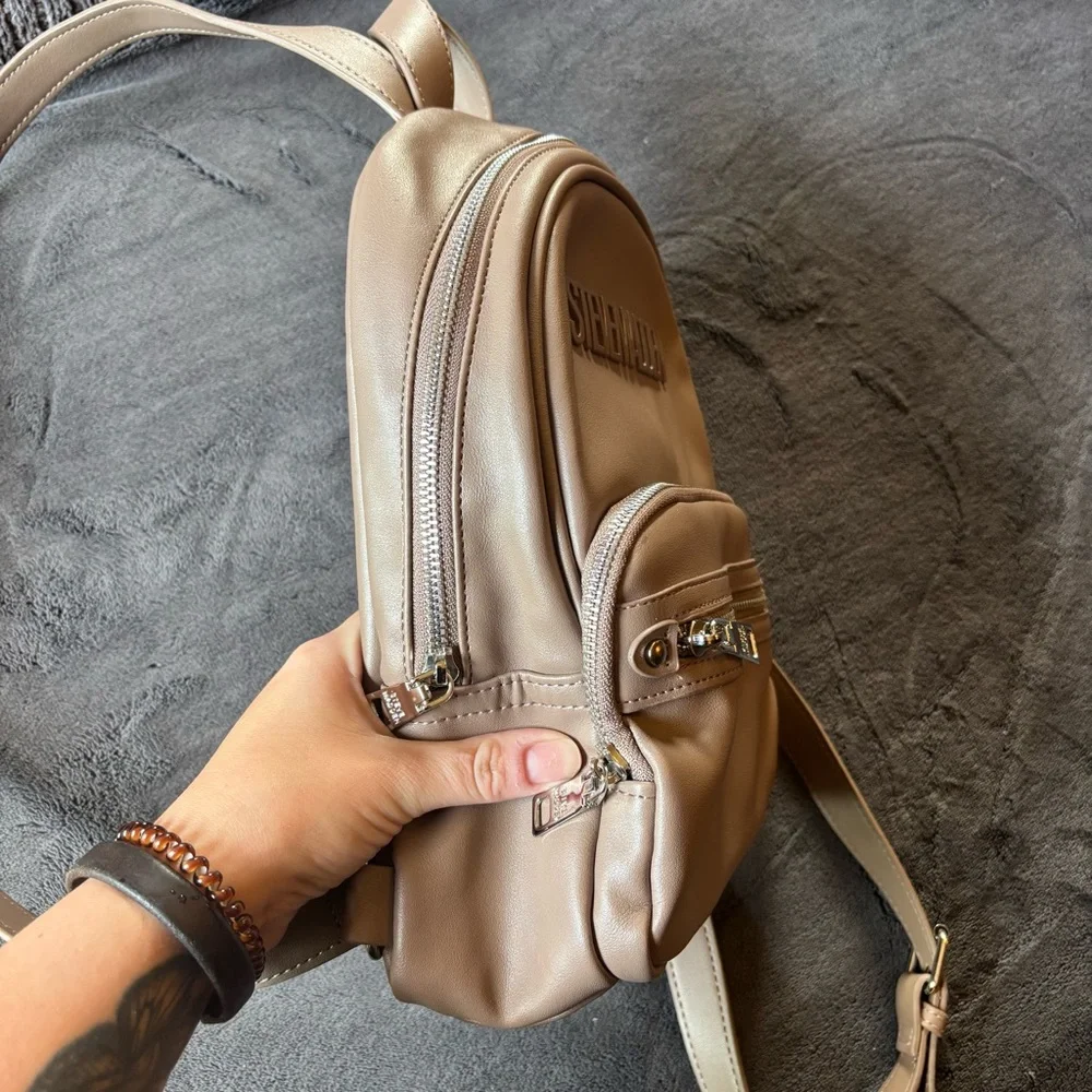 New Steve Madden Backpack Purse, Faux Leather, Silver Hardware, Taupe / Tan